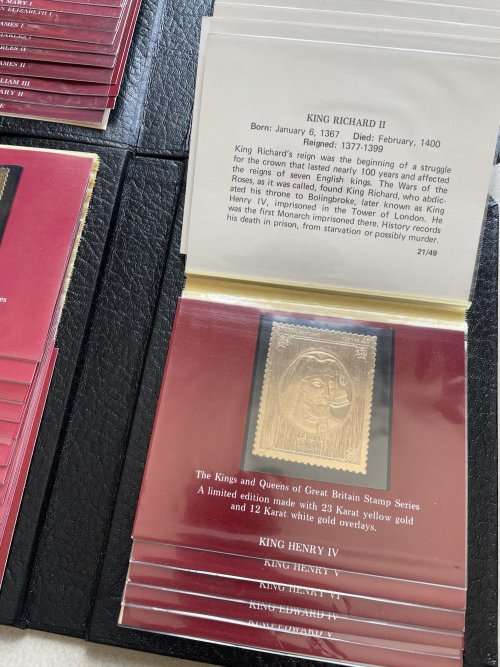 1977 GOLD STAMP SERIES of the Kings and Queens of Great Britain, full set of 49 23K gold foil stamps